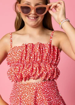 Kortni Jeane Red Ditsy Floral | Youth Oversized Ruffle Top RedDitsyFloral Hot